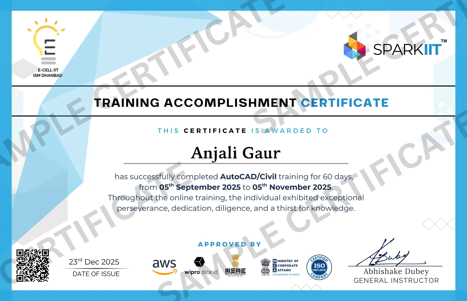 Sample SparkIIT Training Accomplishment Certificate for an AutoCAD/Civil program